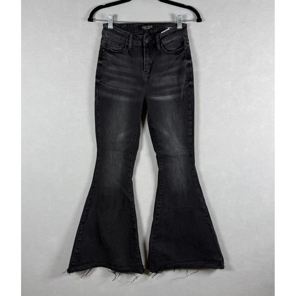Judy Blue Womens 0/24 Super Flare Jeans Black High Rise Raw Hem Boho Retro Denim